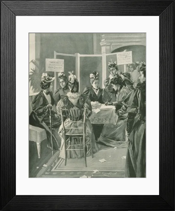 Framed Print : Society women gather signatures on a petition for woman's suffrage in the fashionable Sherry's restaurant, New York City