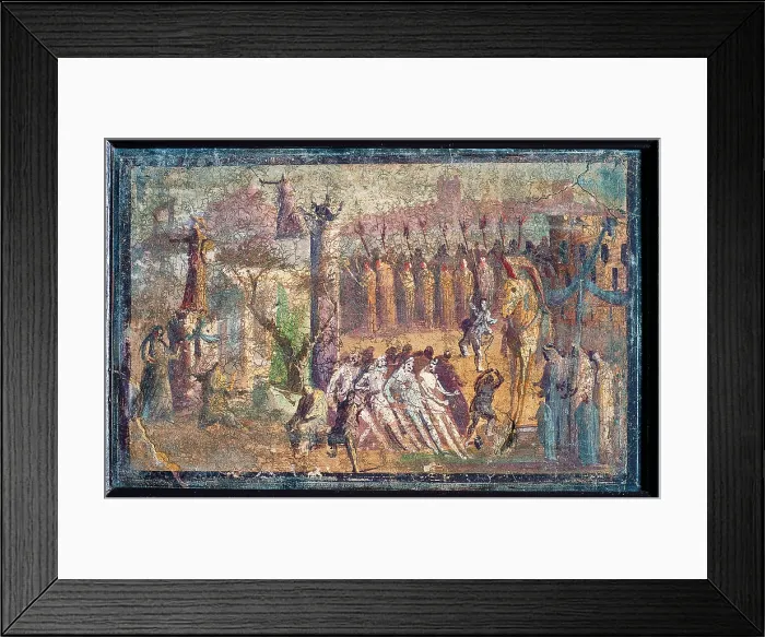 Framed Print : The Horse of Troy, by unknown artist, 45-79, 1st Century A.D. ripped fresco, 40 x 62 cm - Italy, Campania, Naples, National Archaeological Museum, Room LXXIII, inv. 9010 Framed Print : The Horse of Troy, by unknown artist, 45-79, 1st Century A.D. ripped fresco, 40 x 62 cm - Italy, Campania, Naples, National Archaeological Museum, Room LXXIII, inv. 9010
