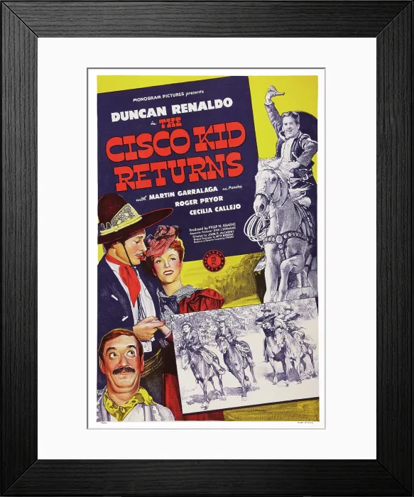 Framed Print : THE CISCO KID RETURNS, US poster art, from bottom left: Martin Garralaga, Duncan Renaldo, Cecilia Callejo, 1945 Framed Print : THE CISCO KID RETURNS, US poster art, from bottom left: Martin Garralaga, Duncan Renaldo, Cecilia Callejo, 1945