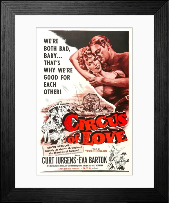 Framed Print : CIRCUS OF LOVE, (aka RUMMELPLATZ DER LIEBE), US poster, from left: Curt Jurgens, Eva Bartok, 1954 Framed Print : CIRCUS OF LOVE, (aka RUMMELPLATZ DER LIEBE), US poster, from left: Curt Jurgens, Eva Bartok, 1954