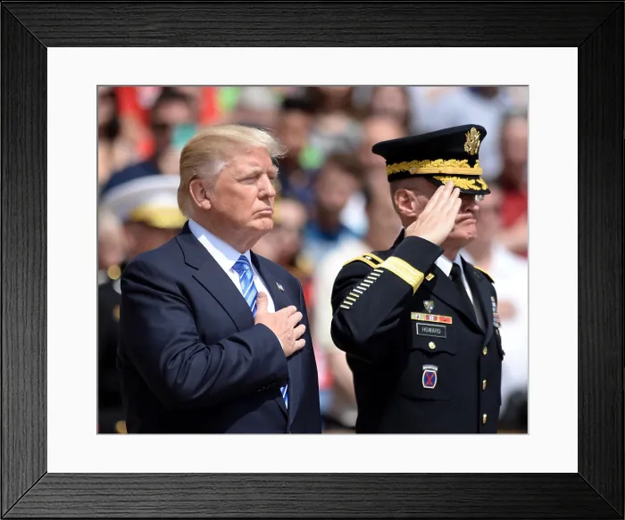 Framed Print : President Donald Trump pays respects at Arlington National Cemetery on Memorial Day, May, 29, 2017. On right is Maj. Gen. Michael L. Howard (BSLOC_2017_18_146)