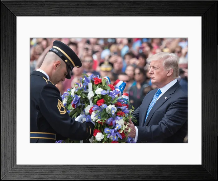Framed Print : President Donald Trump lays a wreath at the Tomb of the Unknowns at Arlington National Cemetery. Memorial Day, May, 29, 2017 (BSLOC_2017_18_147) Framed Print : President Donald Trump lays a wreath at the Tomb of the Unknowns at Arlington National Cemetery. Memorial Day, May, 29, 2017 (BSLOC_2017_18_147)