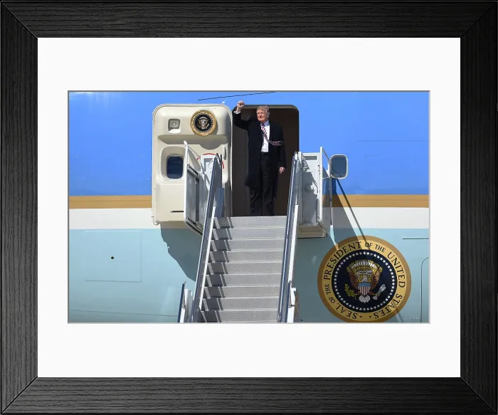 Framed Print : President Donald Trump gives a clenched fist salute from Air Force One, March 2, 2017 Framed Print : President Donald Trump gives a clenched fist salute from Air Force One, March 2, 2017