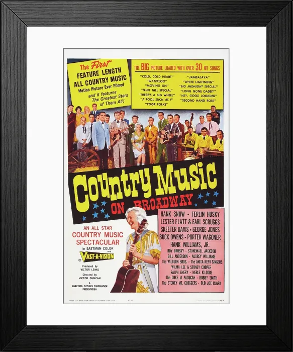 Framed Print : COUNTRY MUSIC ON BROADWAY, poster art, top l-r: Ferlin Husky, Skeeter Davis, Buck Owens, Hank Snow (in yellow tuxedo), George Jones, 1965 Framed Print : COUNTRY MUSIC ON BROADWAY, poster art, top l-r: Ferlin Husky, Skeeter Davis, Buck Owens, Hank Snow (in yellow tuxedo), George Jones, 1965