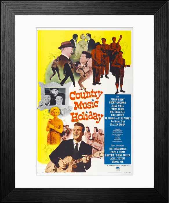 Framed Print : COUNTRY MUSIC HOLIDAY, US poster, Ferlin Husky (bottom), Zsa Zsa Gabor (left of Ferlin Husky), top center from left: Jesse White(smoking cigar), Rocky Graziano, 1958 Framed Print : COUNTRY MUSIC HOLIDAY, US poster, Ferlin Husky (bottom), Zsa Zsa Gabor (left of Ferlin Husky), top center from left: Jesse White(smoking cigar), Rocky Graziano, 1958