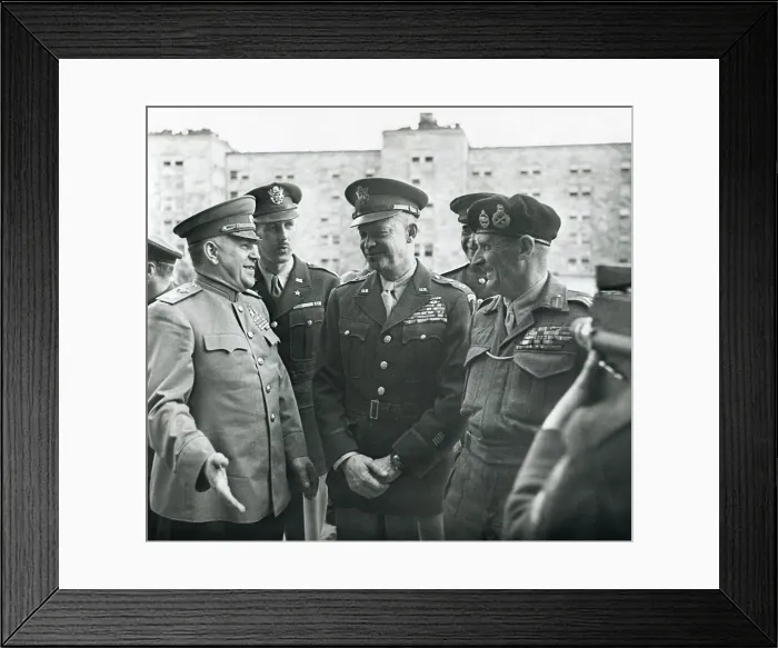 Framed Print : Victorious Allied Commanders, L-R: Georgi Zhukov, Dwight Eisenhower and Field Marshall Montgomery. June 5, 1945 in Berlin, Germany. World War 2 (BSLOC_2015_13_97)