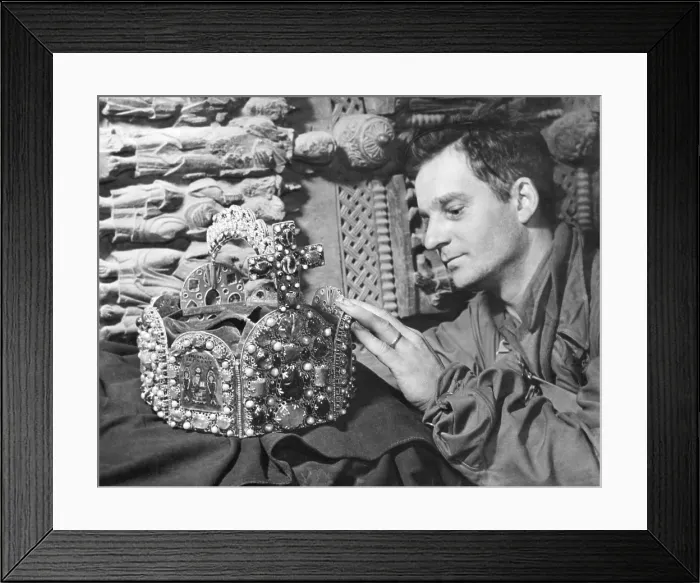Framed Print : U.S. Soldier with Crown of Charlemagne in a cave in Siegen, Germany. It was among many looted art treasures hidden there and in hundreds of other sites across Germany
