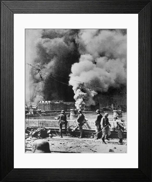 Framed Print : Rotterdam's city center burning after aerial bombardment by the Luftwaffe, May 14, 1940