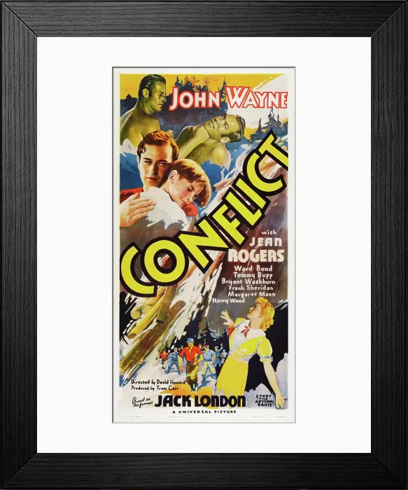 Framed Print : CONFLICT, top left: John Wayne, center l-r: John Wayne, Tommy Bupp, bottom: Jean Rogers on poster art, 1936