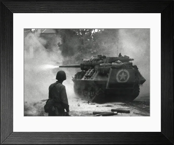 Framed Print : U.S. tank firing in Saint Lo, France, July 1944. The Norman town strategically located at the intersection of main roads on the Lower Normandy Peninsula. France, World War 2