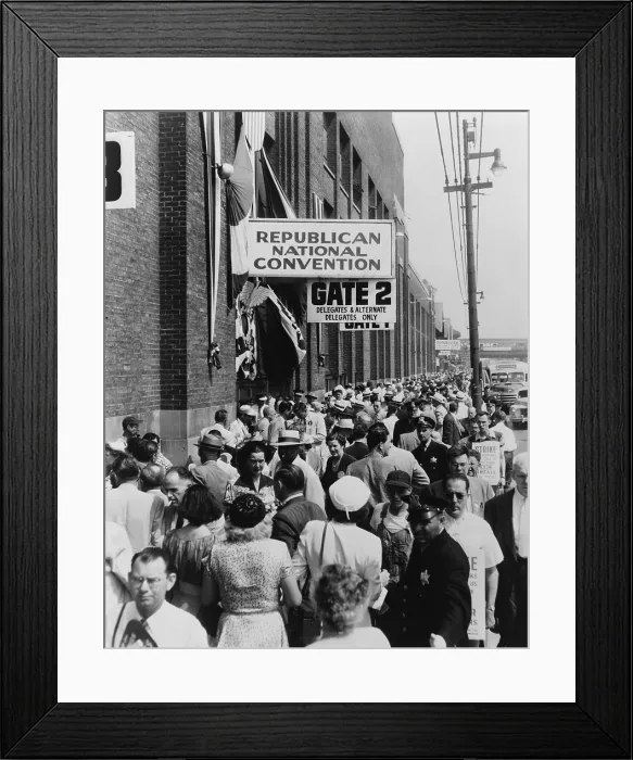 Framed Print : 1952 Republican Convention in Chicago. Crowds outside of Chicago's International Amphitheater, site of the 1952 Republican National Convention