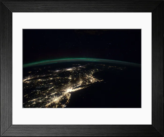 Framed Print : Night lights from the Philadelphia-New York City-Boston corridor. At left is western Lake Ontario shoreline with Toronto ; Montreal is at near center