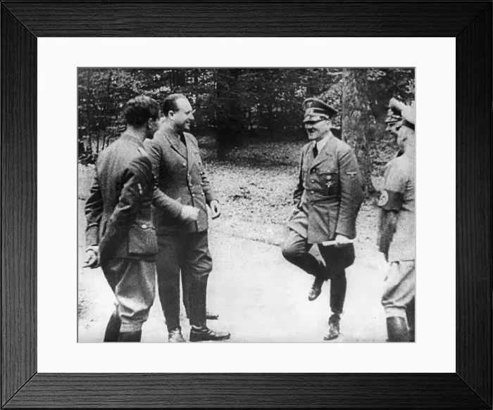 Framed Print : Adolf Hitler happily dances a jig before signing of the World War 2 French Armistice, June 22, 1940.With his staff, Hitler was in Le Francport, Compiegne