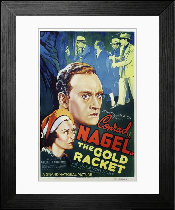 Framed Print : THE GOLD RACKET, US poster art, foreground from left: Eleanor Hunt, Conrad Nagel; top from left: Conrad Nagel, Eleanor Hunt, Fuzzy Knight, John Miljan, 1937
