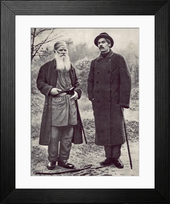Framed Print : Russian writers, Maxim Gorky and Count Leo Tolstoy on the estate Yasnaya Polyana in 1900. Gorky gained recognition in Russia with his first book ESSAYS AND STORIES, 1898 Framed Print : Russian writers, Maxim Gorky and Count Leo Tolstoy on the estate Yasnaya Polyana in 1900. Gorky gained recognition in Russia with his first book ESSAYS AND STORIES, 1898