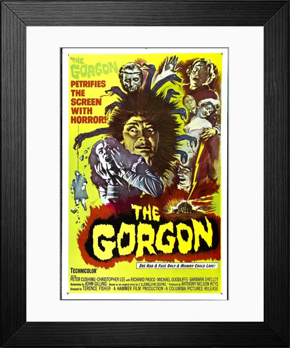 Framed Print : THE GORGON, Prudence Hyman (as the Gorgon), Peter Cushing (upper right corner), Barbara Shelley (woman on upper right), 1964