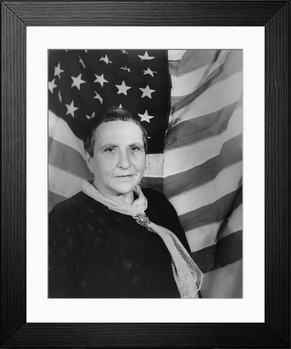 Framed Print : Gertrude Stein, Avant guard expatriate poet with American flag as backdrop. 1935 photo by Carl Van Vechten (BSLOC_2016_11_167)