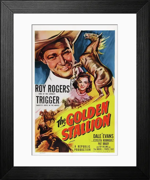 Framed Print : THE GOLDEN STALLION, US poster art, from top: Roy Rogers, Dale Evans, Trigger (far right), 1949