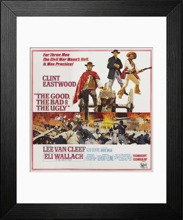 Framed Print : THE GOOD, THE BAD, AND THE UGLY, l-r: Clint Eastwood, Lee Van Cleef, Eli Wallach on poster art, 1965 Framed Print : THE GOOD, THE BAD, AND THE UGLY, l-r: Clint Eastwood, Lee Van Cleef, Eli Wallach on poster art, 1965