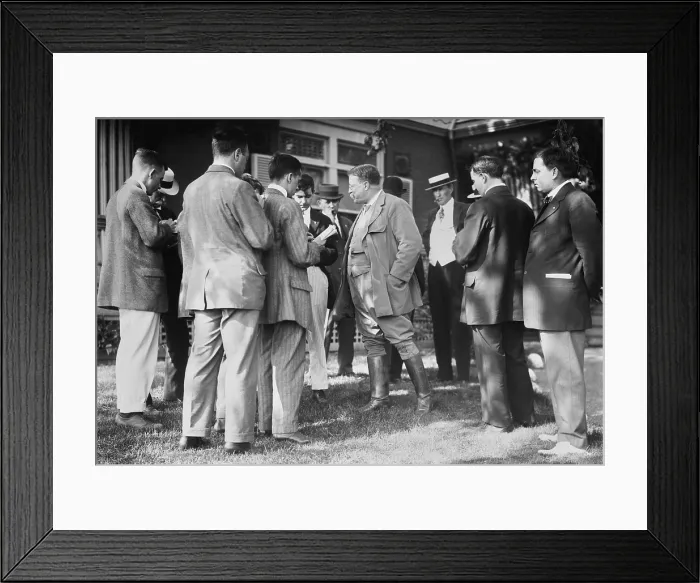 Framed Print : Theodore Roosevelt with reporters at Sagamore Hill, before the Republican National Convention. June 1-3, 1912 (BSLOC_2017_8_44) Framed Print : Theodore Roosevelt with reporters at Sagamore Hill, before the Republican National Convention. June 1-3, 1912 (BSLOC_2017_8_44)