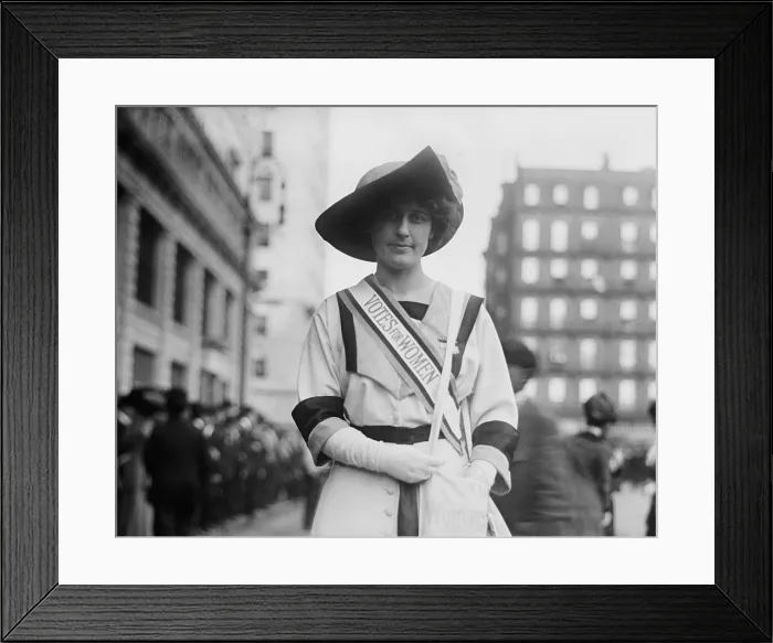 Framed Print : Inez Milholland (1886-1916), beautiful young women's rights advocate, labor lawyer, and socialist during a New York City suffrage parade. Ca. 1913-16