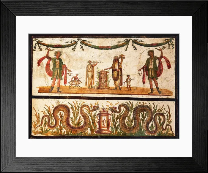 Framed Print : Lari and Snakes, by unknown artist, 55-79, 1st Century A.D. ripped fresco, 128 x 183 cm - Italy, Campania, Naples, National Archaeological Museum, Room LXXV, inv. 8905