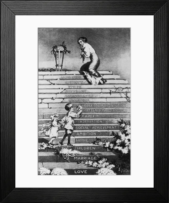 Framed Print : Anti-woman's suffrage political cartoon proposing woman's progress in the public sphere of life will lead her emotional impoverishment. Cartoon by Laura E