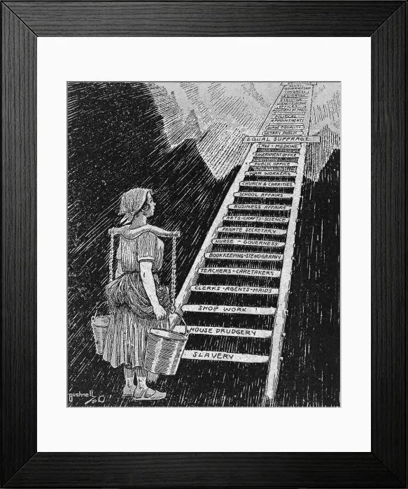 Framed Print : Political cartoon entitled, THE SKY IS NOW HER LIMIT, illustrating steps of women's progress from Slavery and House drudgery to Equal Suffrage, Wage Equity, and Presidency Framed Print : Political cartoon entitled, THE SKY IS NOW HER LIMIT, illustrating steps of women's progress from Slavery and House drudgery to Equal Suffrage, Wage Equity, and Presidency