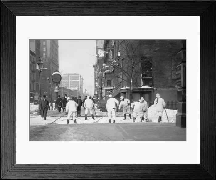 Framed Print : Department Street Cleaning (DSC) workers shoveling snow from New York City streets in Jan. 1908
