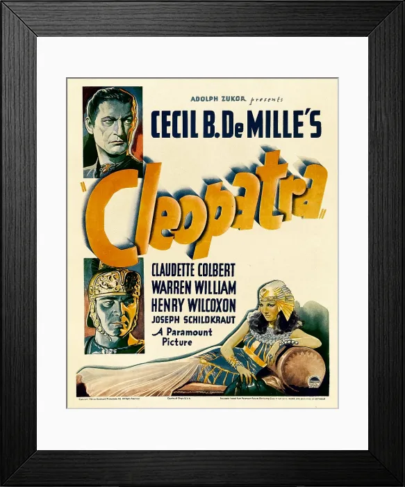 Framed Print : CLEOPATRA, left from top: Warren William, Henry Wilcoxon, right: Claudette Colbert on window card, 1934 Framed Print : CLEOPATRA, left from top: Warren William, Henry Wilcoxon, right: Claudette Colbert on window card, 1934