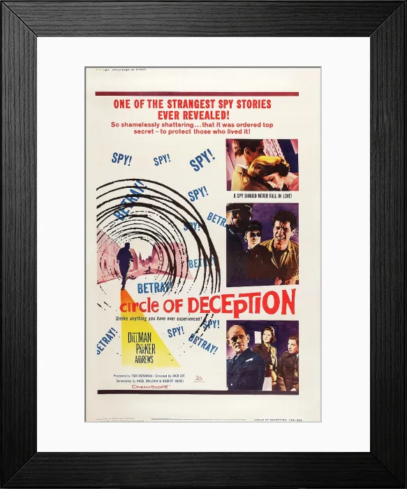 Framed Print : A CIRCLE OF DECEPTION, US poster, top from left: Bredford Dillman, Suzy Parker, center right (Bradford Dillman, bottom left: Harry Andrews, 1960)