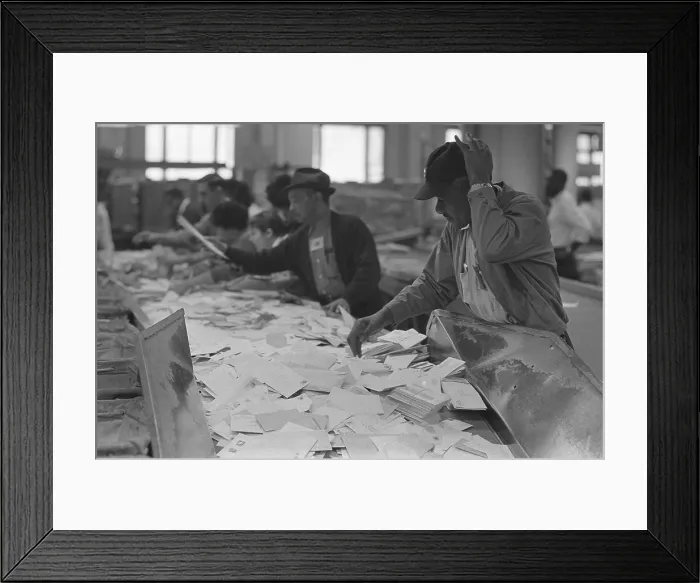 Framed Print : African American postal employees sorting mail beside white workers. March 1, 1966, Washington, D.C. vicinity. (BSLOC_2015_14_106) Framed Print : African American postal employees sorting mail beside white workers. March 1, 1966, Washington, D.C. vicinity. (BSLOC_2015_14_106)