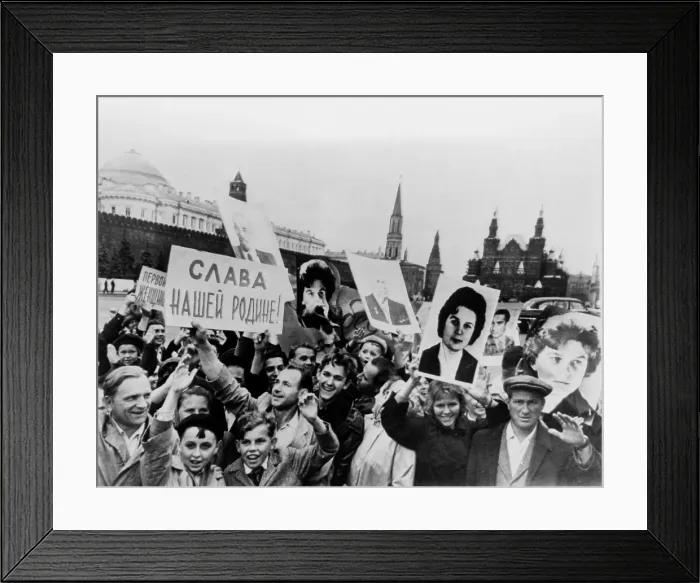 Framed Print : Muscovites cheer twin space triumphs. Russians in Red Square, Moscow, cheering the safe landing of cosmonauts Valentina Tereshkova and Lt. Col. Valery Bykovsky. June 19, 1963
