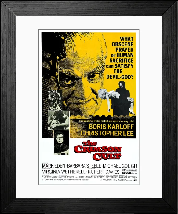 Framed Print : THE CRIMSON CULT, (aka THE CRIMSON ALTAR; aka CURSE OF THE CRIMSON ALTAR); top left: Boris Karloff; 3 inset photos on left, from top: Barbara Steele; center photo