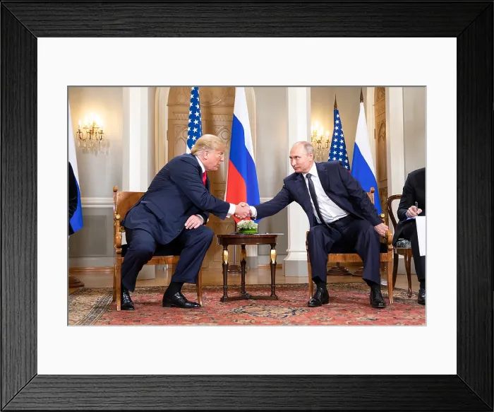 Framed Print : President Donald Trump and President Vladimir Putin shaking hands before photographers in Helsinki, July 16, 2018 (BSLOC_2018_6_193)