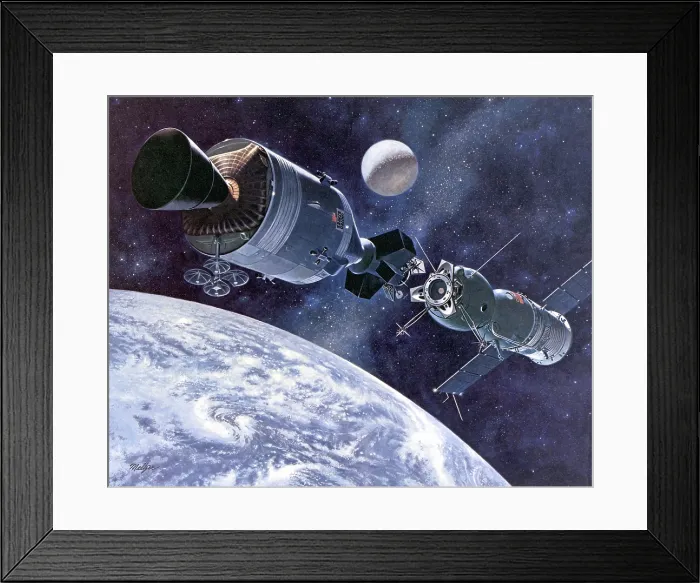Framed Print : Painting of Apollo-Soyuz Test Project, the first international docking of the US's Apollo capsule and the USSR's Soyuz spacecraft in space