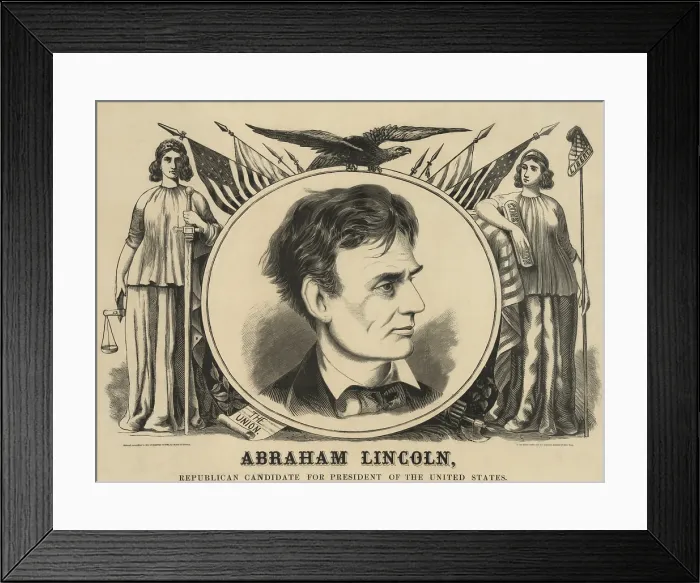 Framed Print : Campaign poster for Republican presidential candidate Abraham Lincoln, 1860. The portrait of Lincoln is flanked by allegorical figures of Justice and Liberty (BSLOC_2018_6_3) Framed Print : Campaign poster for Republican presidential candidate Abraham Lincoln, 1860. The portrait of Lincoln is flanked by allegorical figures of Justice and Liberty (BSLOC_2018_6_3)
