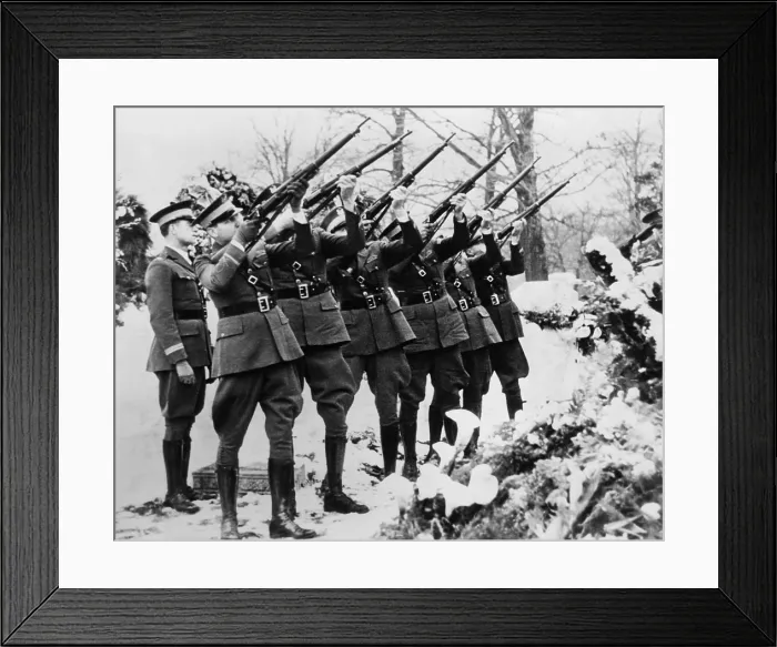 Framed Print : Six honor guards firing salute at the burial of Brigadier General William Mitchell. Feb. 23, 1936, Milwaukee, Wisconsin. (BSLOC_2015_14_110)