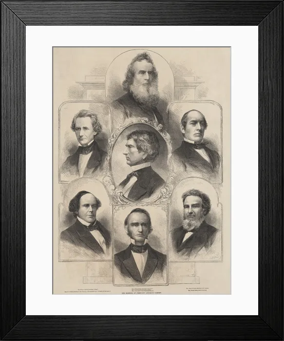 Framed Print : The members of President Lincolns Cabinet at the beginning of his first administration, 1861. Top to bottom, on left: Simon Cameron, War; Salmon Chase, Treasury