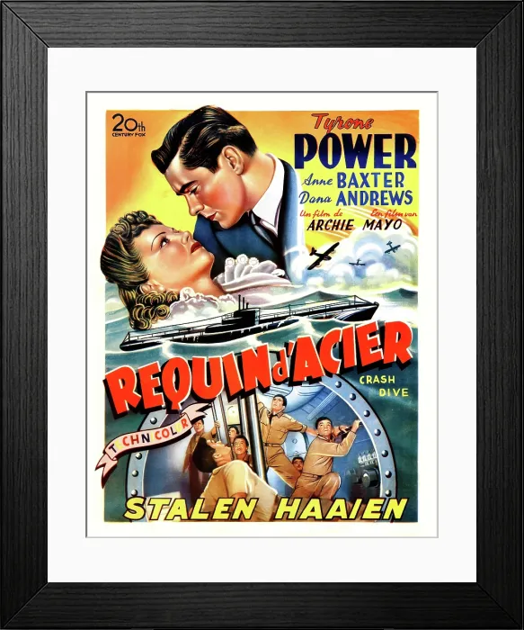 Framed Print : CRASH DIVE (aka REQUIN D'ACIER), Anne Baxter, Tyrone Power, (Belgian poster art), 1943. TM and Copyright 20th Century Fox Film Corp