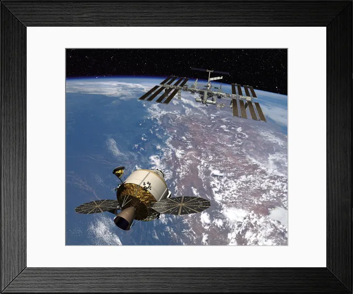Framed Print : Artwork of the next generation NASA spacecraft, the Orion crew exploration vehicle, approaching the International Space Station in Earth orbit Framed Print : Artwork of the next generation NASA spacecraft, the Orion crew exploration vehicle, approaching the International Space Station in Earth orbit