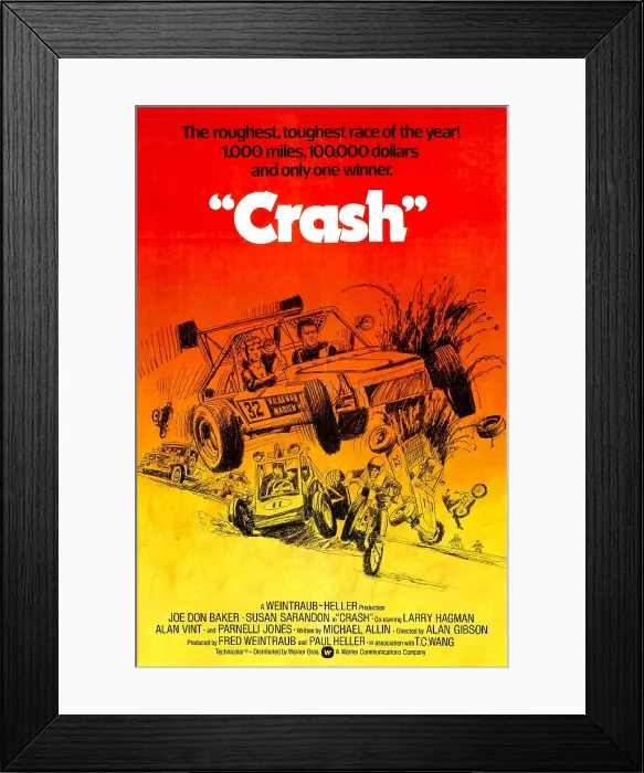 Framed Print : CRASH, (aka CHECKERED FLAG OR CRASH), Joe Don Baker (at steering wheel), 1977