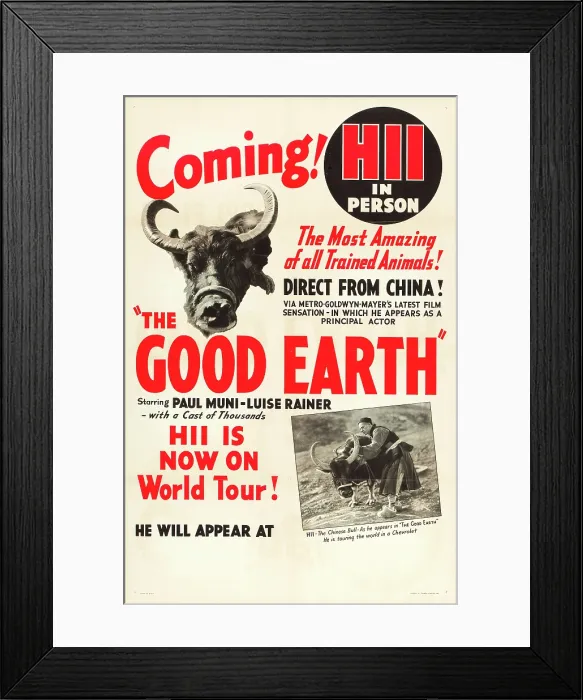 Framed Print : THE GOOD EARTH, lower left: Paul Muni on US poster art promoting appearance of HII the Chinese bull that appeared in the film, 1937