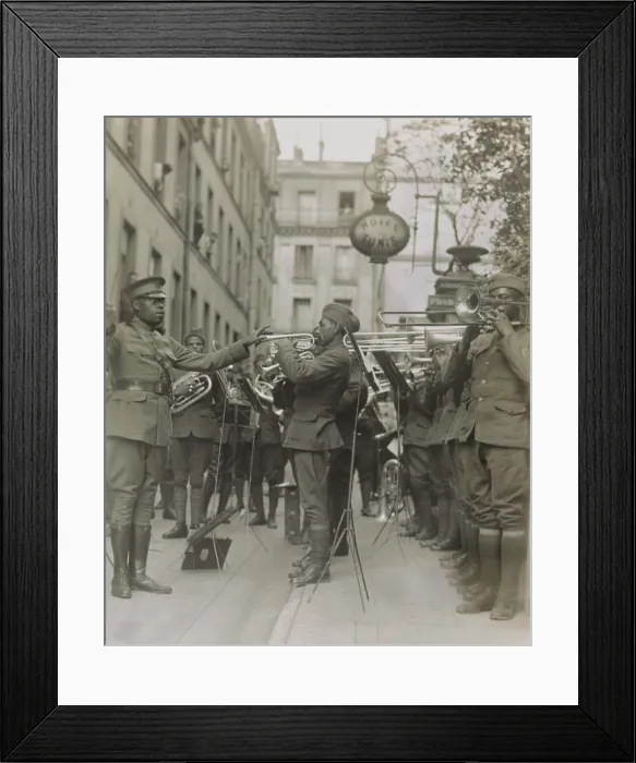 Framed Print : American military band plays jazz for Yankee wounded outside their Paris hospital, 1918. The 369th Infantry Regiment band was led by Lt Framed Print : American military band plays jazz for Yankee wounded outside their Paris hospital, 1918. The 369th Infantry Regiment band was led by Lt