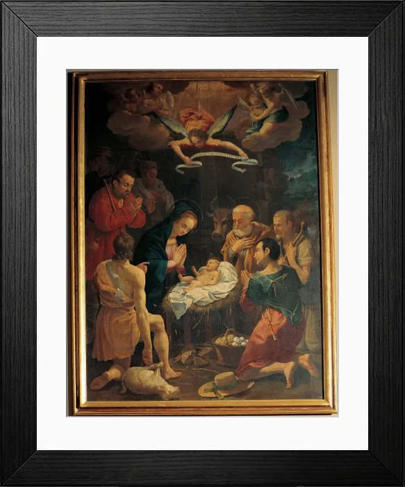 Framed Print : probably Artista marchigiano, probably Artista umbro, Adoration of the Shepherds, 17th Century, oil on canvas, Italy, Lombardy, Biassono, Milan, San Martino Church