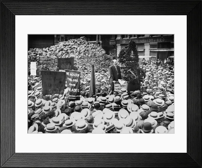 Framed Print : Anarchist Leonard Abbott speaking at a memorial demonstration for the dead IWW conspirators. Two men of the Anarchist Black Cross, Carl Hanson, and Charles Berg, were killed