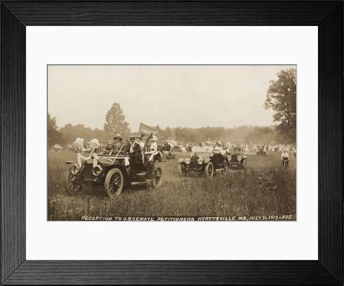 Framed Print : Congressional Union for Woman Suffrage driving through fields from, Hyattsville, MD, to deliver their petitions to the U.S. Senate in Washington, D.C. July 31, 1913