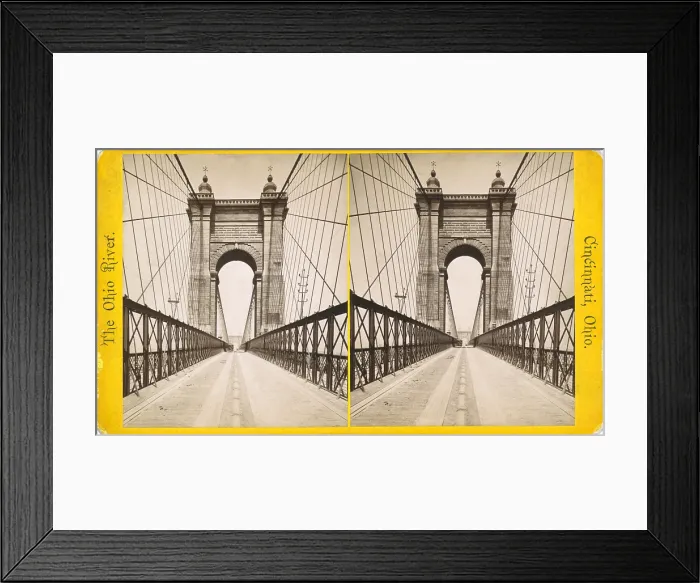 Framed Print : Suspension bridge spanning the Ohio River at Cincinnati was engineered and built by John A. Roebling. When it opened in 1866 it was the World's longest bridge