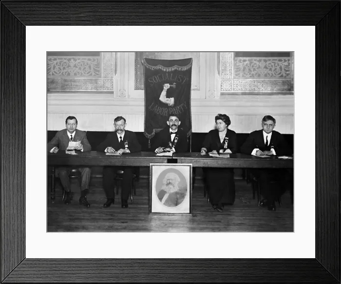 Framed Print : Socialist Labor Party posed with a portrait of Karl Marx. New York City, c. 1910. L-R: Paul Augustine, John Juergens, H.J. Poelling, Edith L