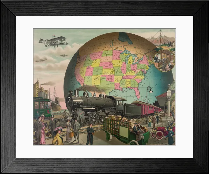 Framed Print : TWENTIETH CENTURY TRANSPORTATION. 1910 print illustrates the most advanced modes of transportation and communications with a map of the United States. LC-DIG-pga-01017 Framed Print : TWENTIETH CENTURY TRANSPORTATION. 1910 print illustrates the most advanced modes of transportation and communications with a map of the United States. LC-DIG-pga-01017